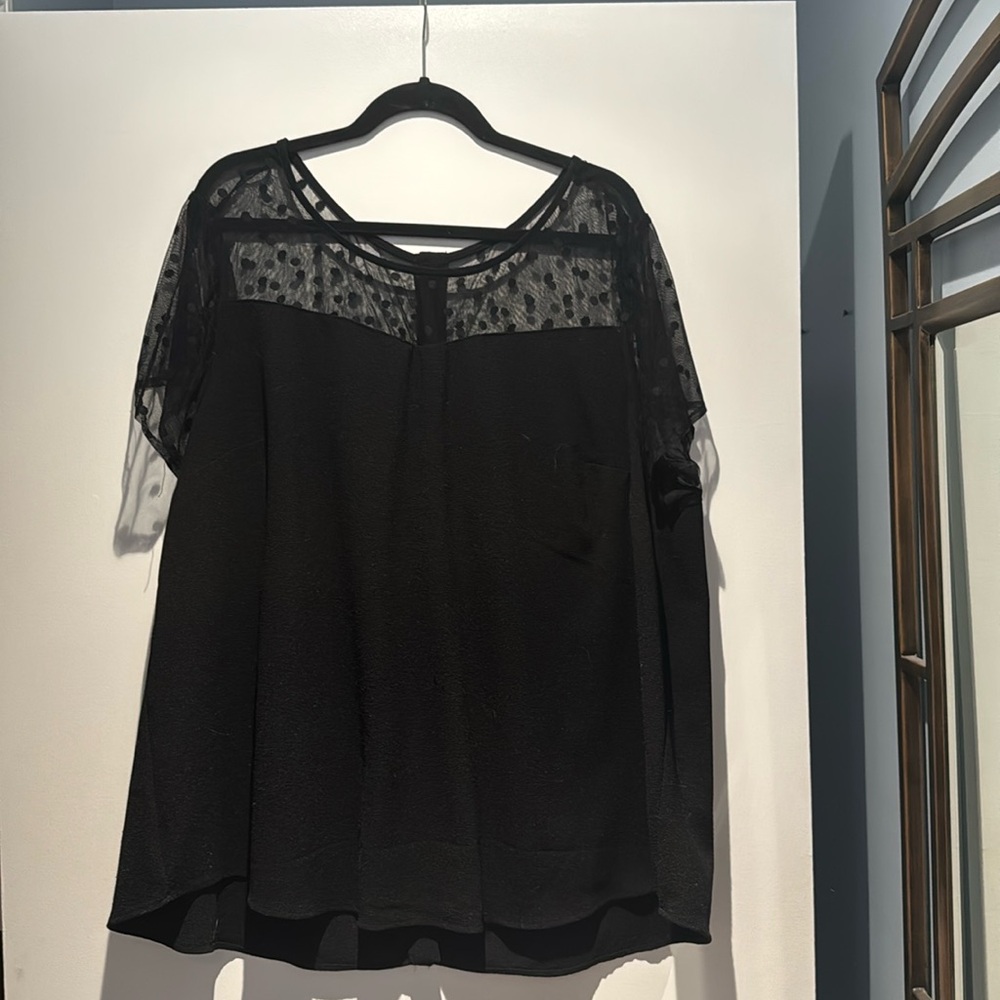 Torrid Black Top with Sheer Polka Dot Across Top and Sleeves Size 4x